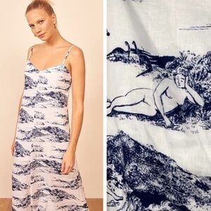 LIKE NEW 100% Linen Reformation Gisele Midi Dress Covina White Blue Size Small